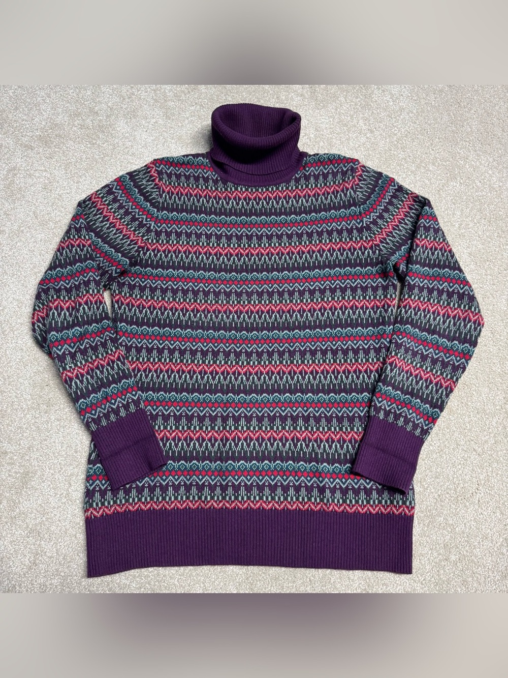 LL Bean Turtleneck Cashmere Sweater Women’s Medium Purple Aztec Cotton Fall